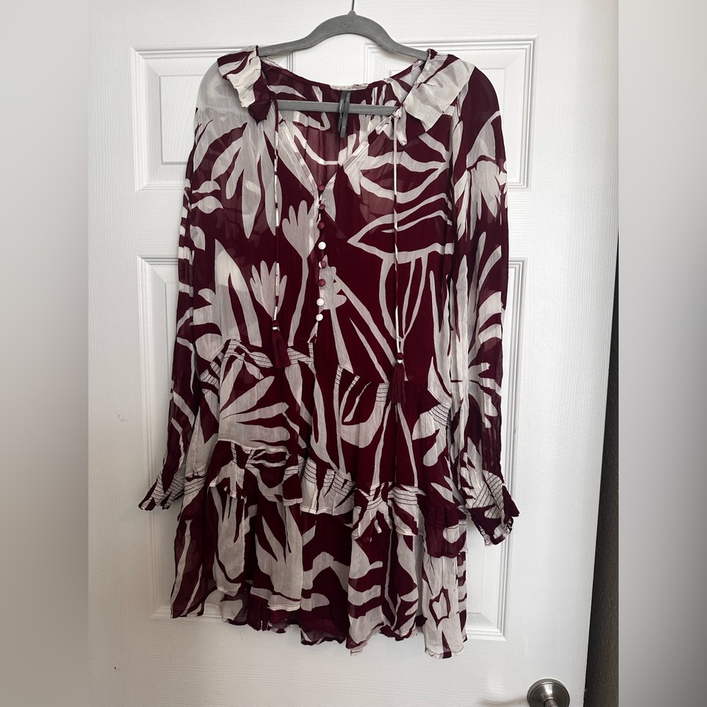 Anthropologie Maroon and White Patterned Dress